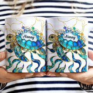 Gift For Grandma,Grandma - Grandkids,Beach,Happy - Turtle Stained Glass Mom Grandma - Personalized White Edge-to-Edge Mug
