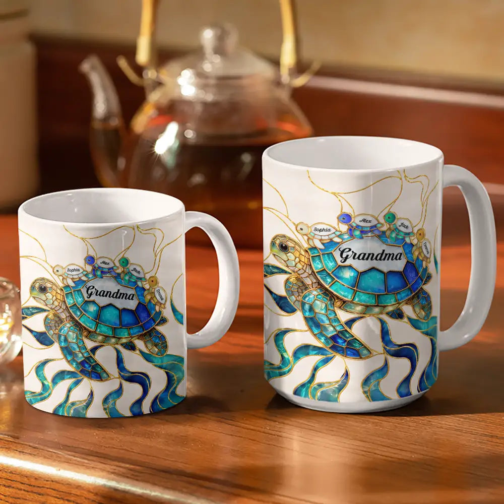 Turtle Stained Glass Mom Grandma - Personalized White Edge-to-Edge Mug