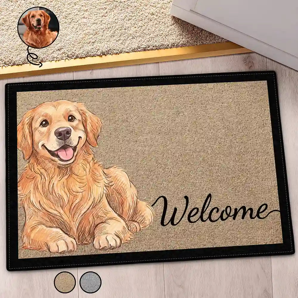Custom Photo Colored Pencil Sketch Pet Dog Cat Portrait Welcome Home - Personalized Doormat
