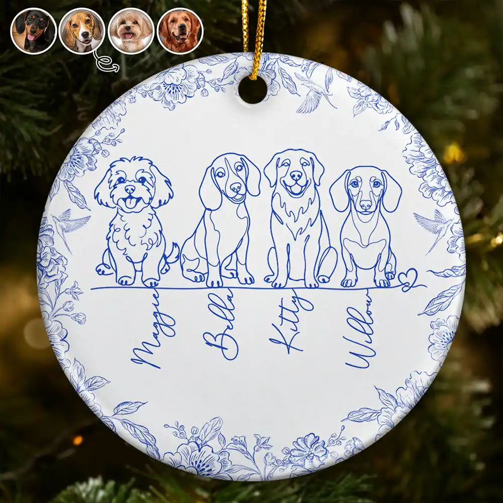 Custom Photo Line Art Dog Pet Lovers Portrait Toile De Jouy - Personalized Circle Ceramic Ornament