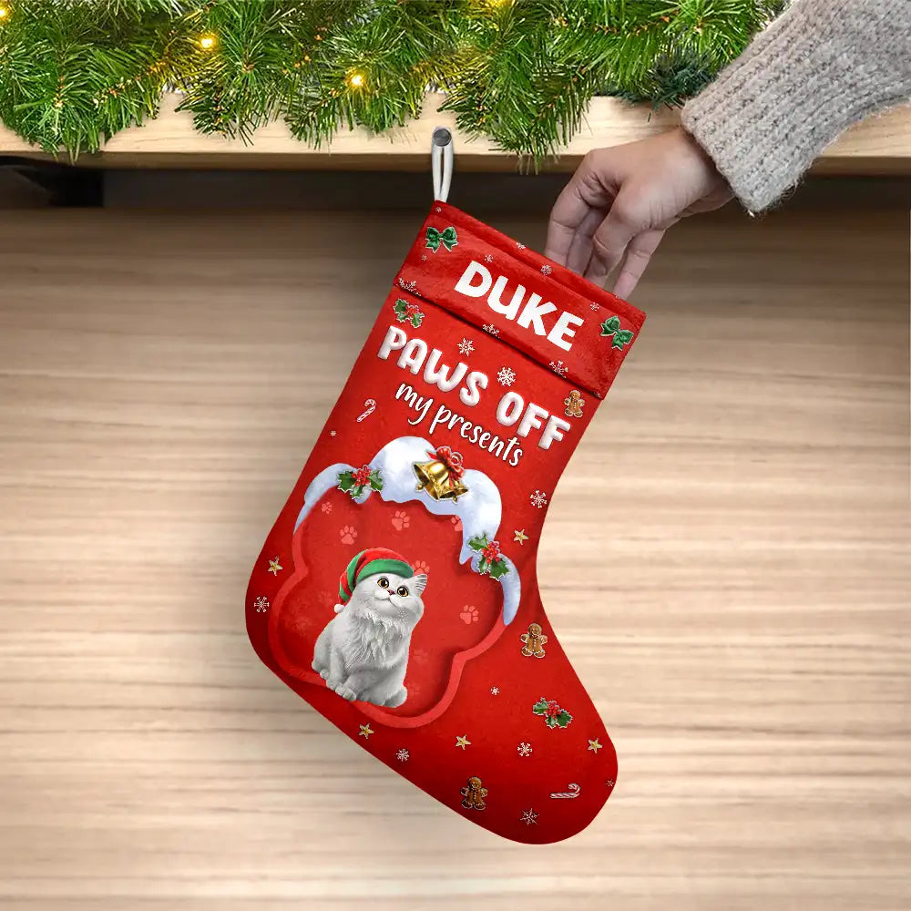 Dog Lovers, Dog Mom, Dog Dad, Dog Couple, Christmas, Happy - Paws Off My Presents 3D Effect Christmas Dog - Personalized Christmas Stocking