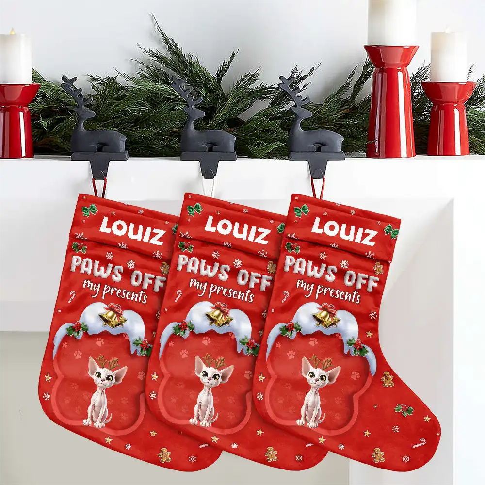 Dog Lovers, Dog Mom, Dog Dad, Dog Couple, Christmas, Happy - Paws Off My Presents 3D Effect Christmas Dog - Personalized Christmas Stocking