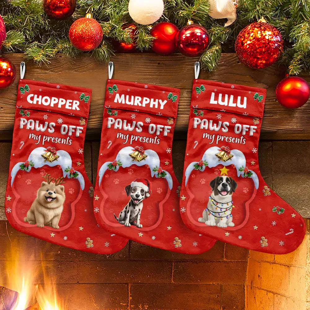 Dog Lovers, Dog Mom, Dog Dad, Dog Couple, Christmas, Happy - Paws Off My Presents 3D Effect Christmas Dog - Personalized Christmas Stocking