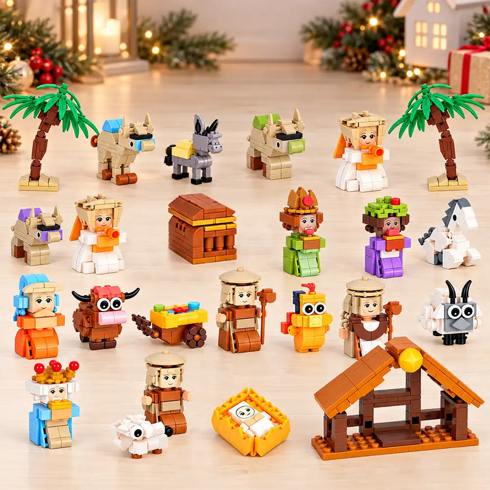 Christian, Christianity, Christmas, Custom Text, Devoted, Gift For Kids - Custom Name Nativity Building Brick Blocks - Personalized Christmas Countdown Advent Calendar