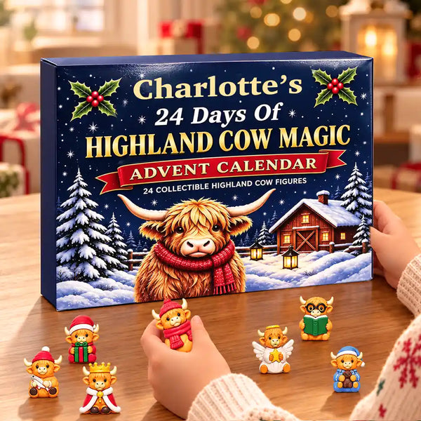 Adorable,Christmas,Custom Text,Gift For Kids - Custom Name Highland Cow Building Brick Blocks - Personalized Christmas Countdown Advent Calendar