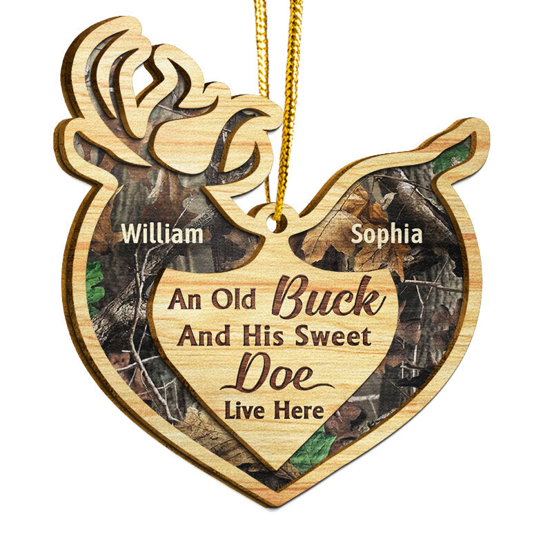 Deer Couple Live Here - Christmas Gift For Couple - Personalized Custom 2 Layered Wooden Ornament