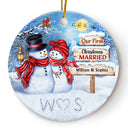 Snowman Couple Our First Christmas Together - Christmas Gift For Couple - Personalized Custom Circle Ceramic Ornament