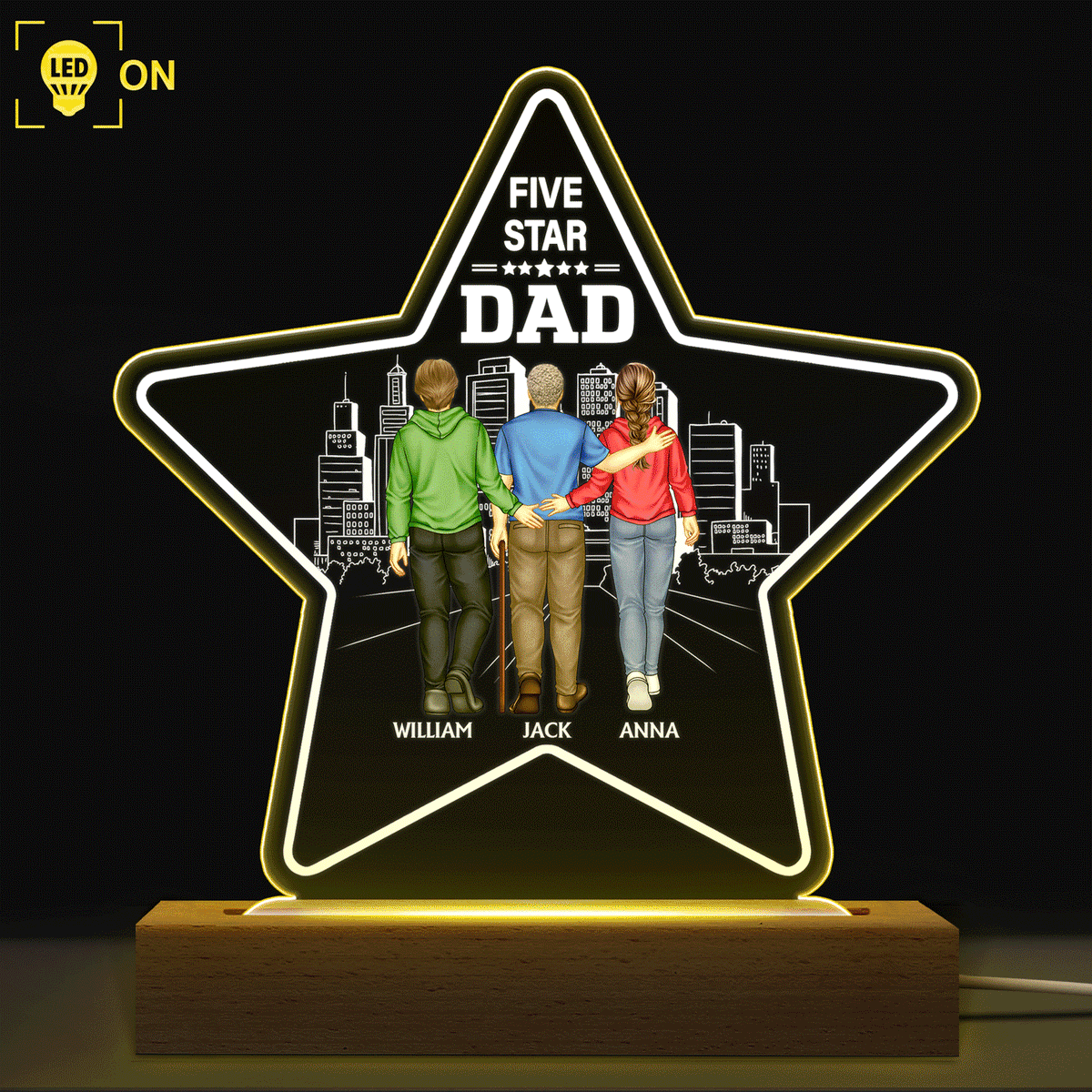 Five - Star Dad - Gift For Fathers - Personalized 3D Led Light Wooden Base