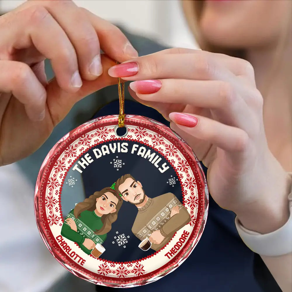 Flat Art Family Sweater Pattern - Personalized Circle Glass Ornament