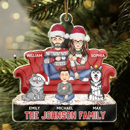 Cartoon Couple With Kids And Pets - Personalized Cutout Acrylic Ornament
