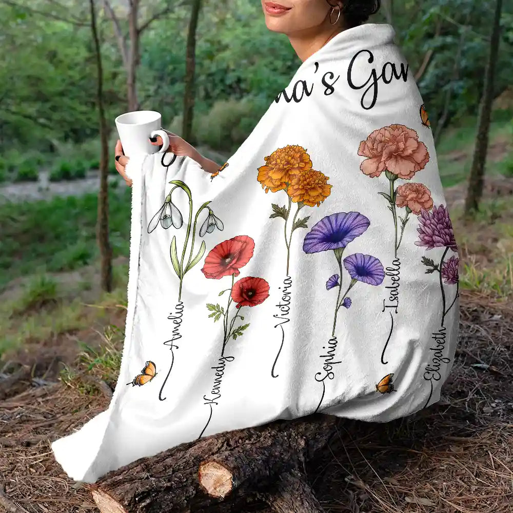 Gift For Grandma, Gift For Women, Gift For Mother - Grandma's Garden Birth Flower Bouquet - Personalized Fleece Blanket, Sherpa Blanket