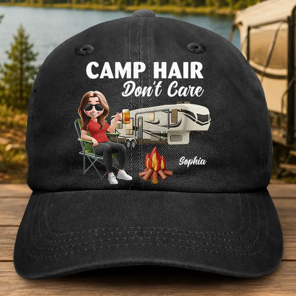 Camping,Campsite,Gift For Yourself,Gift For Women,Gift For Wife,Gift For Mother,Gift For Girlfriend,Happy,Gift For Men - Camp Hair Don't Care Camping - Personalized Vintage Washed Denim Cap