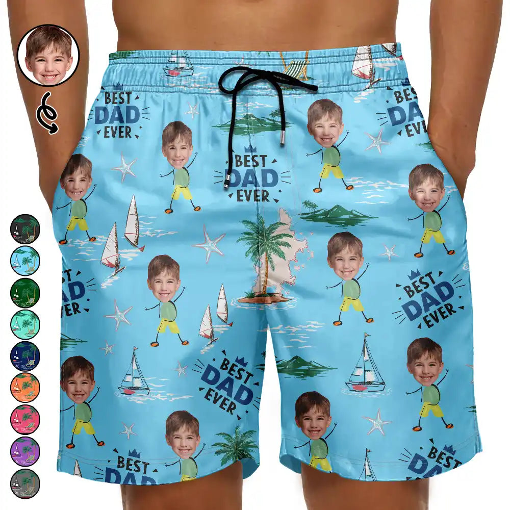 Custom Photo Best Dad Ever Palm Tree And Sailing - Personalized Unisex Beach Shorts