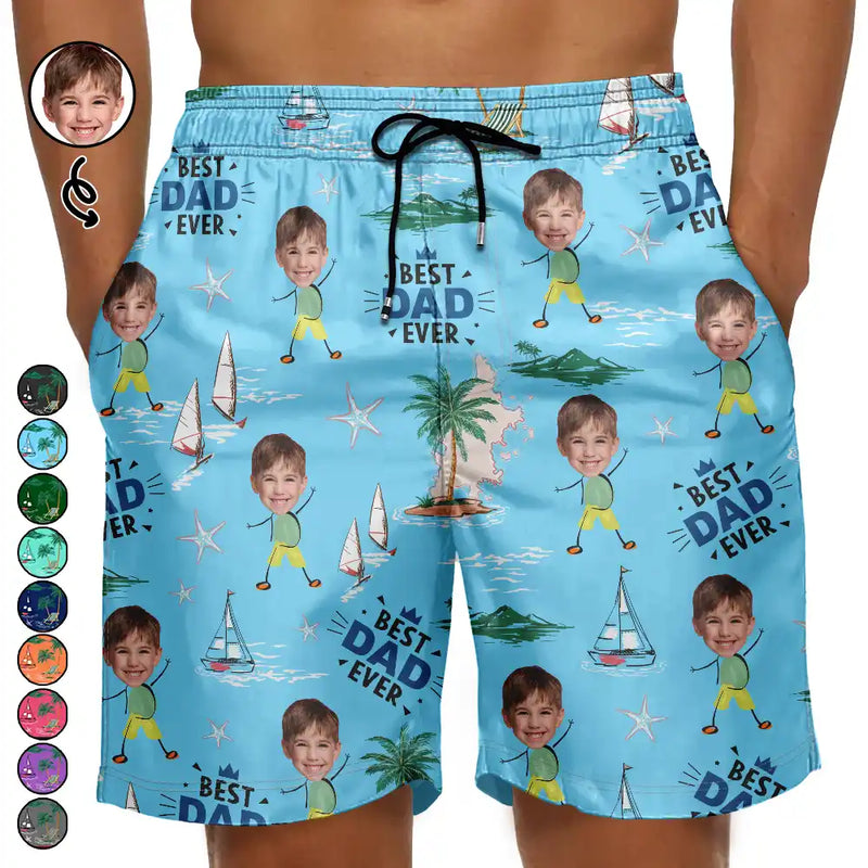 Gift For Father,Gift For Grandpa,Non-Eng,Photo,Confident - Custom Photo Best Dad Ever Palm Tree And Sailing - Personalized Unisex Beach Shorts