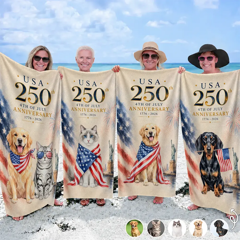 America 250th,Custom Photo,Independence Day,Art Design,Summer,Pet Lovers,Playful,Photo - US Theme Accessories Watercolor - Custom Photo Watercolor With US Accessories 250th Anniversary Fourth Of July - Personalized Beach Towel