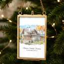 Art Design,Christmas,Family,Photo - Watercolor - With BG,Happy - Custom Photo Watercolor Painting First Christmas In Our New Home - Personalized Metal Frame Ornament