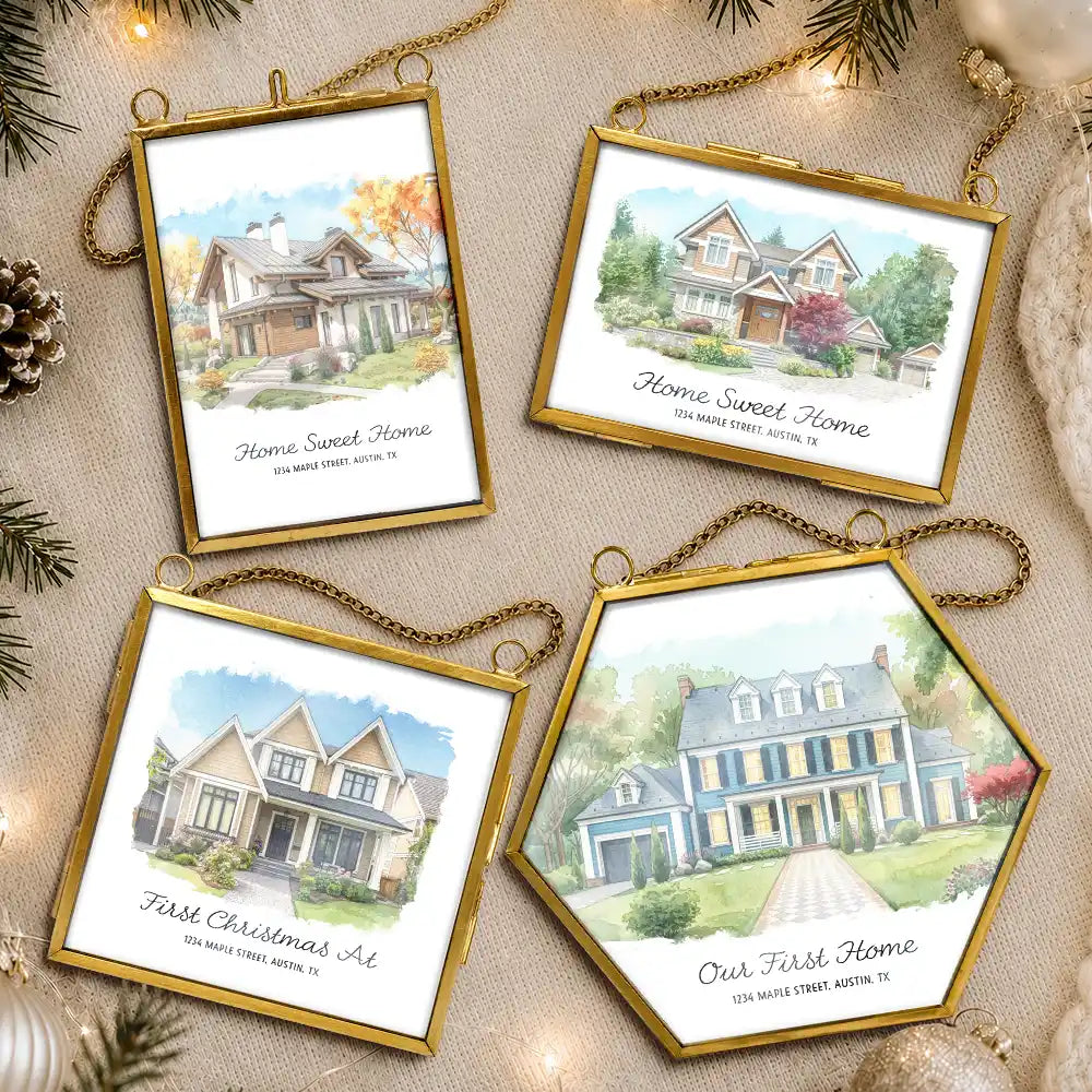 Art Design,Christmas,Family,Photo - Watercolor - With BG,Happy - Custom Photo Watercolor Painting First Christmas In Our New Home - Personalized Metal Frame Ornament