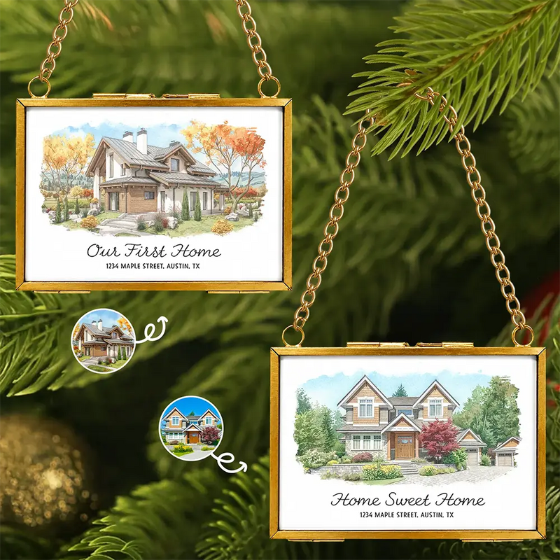 Art Design,Christmas,Family,Photo - Watercolor - With BG,Happy - Custom Photo Watercolor Painting First Christmas In Our New Home - Personalized Metal Frame Ornament