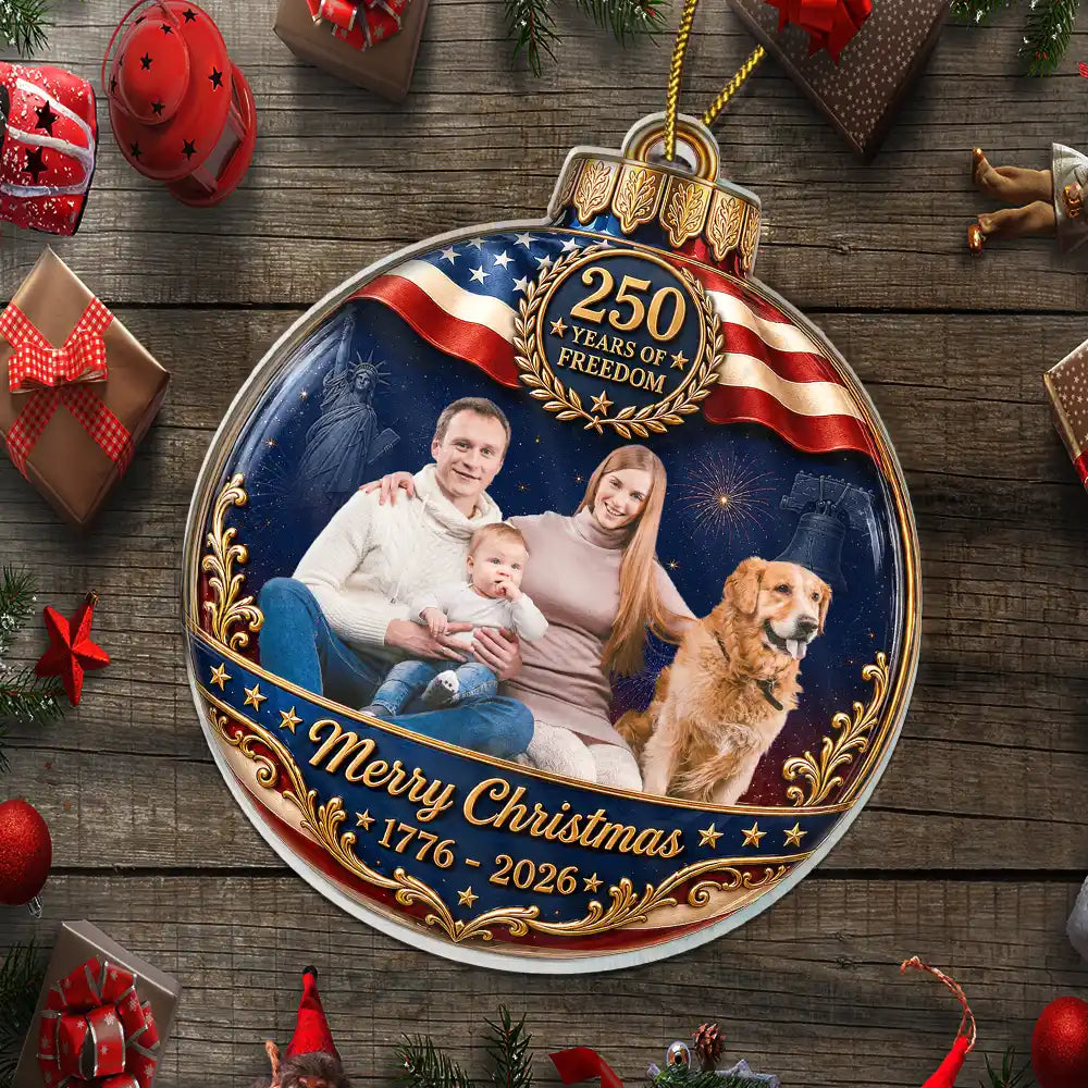 Independence Day, America 250th, Christmas, Proud, Custom Photo, Family, Remove BG Photo - Custom Photo Family Merry Christmas 250 Years Of Freedom - Personalized Custom Shaped Acrylic Ornament
