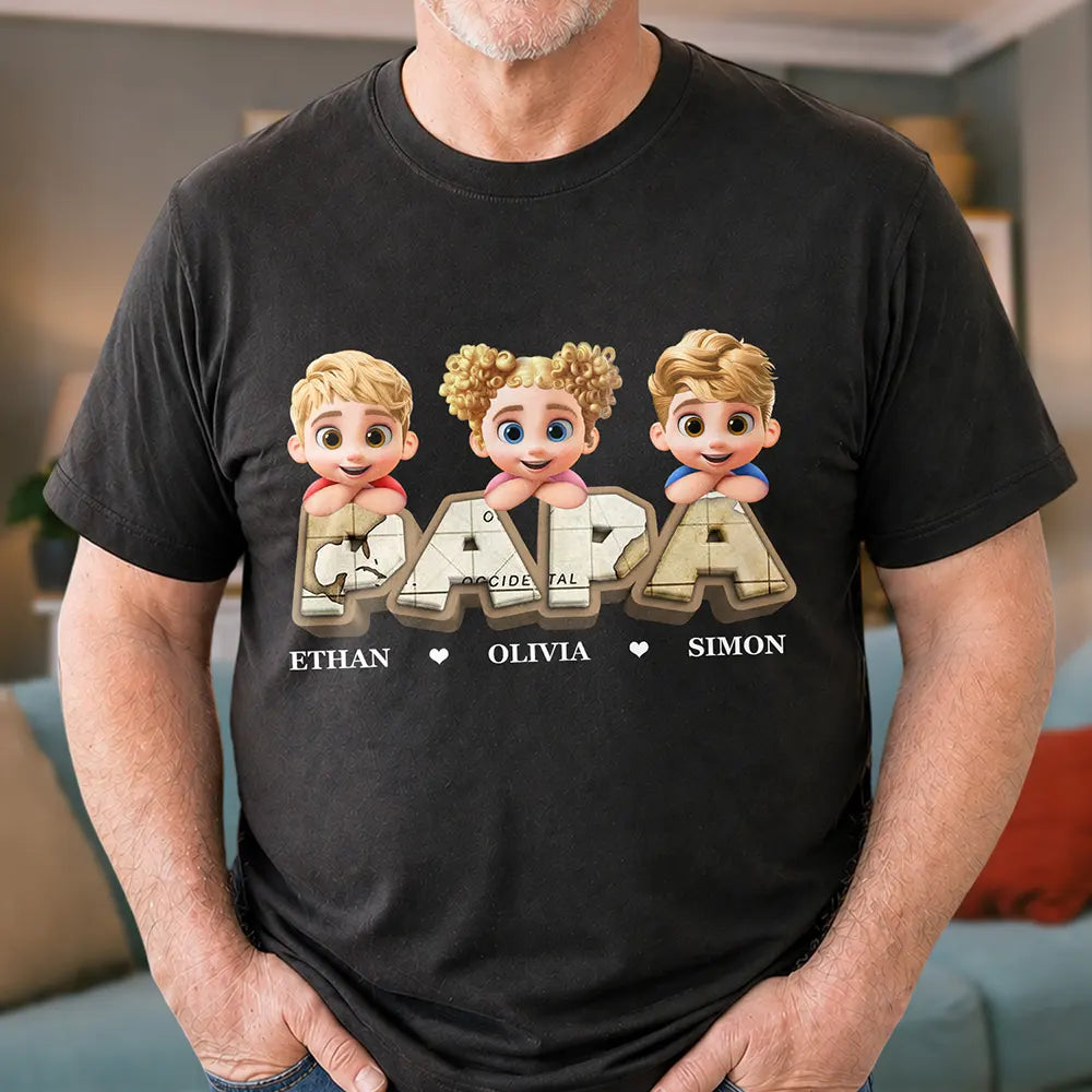 Vintage Map Grandpa Papa Dad 3D Effect Kids - Personalized T Shirt