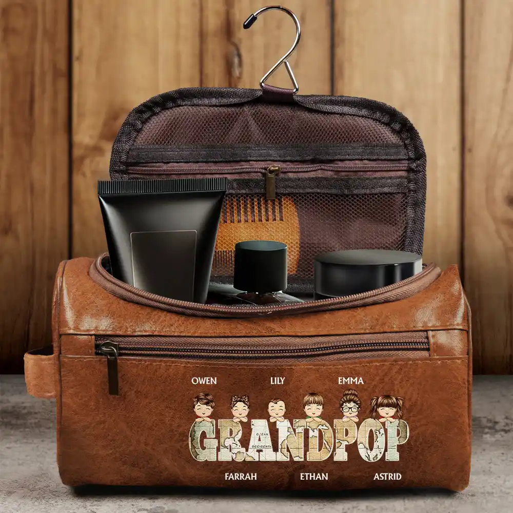 Gift For Grandpa,Gift For Father,Happy - Vintage Map Titles Chibi Kids - Personalized Leather Toiletry Bag