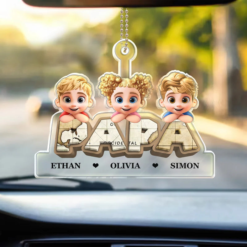 Gift For Grandpa,Grandpa - Grandkids,Gift For Father,Dad - Children,Non-Eng,Vector,Adorable - Vintage Map Grandpa Papa Dad 3D Effect Kids - Personalized Acrylic Car Hanger