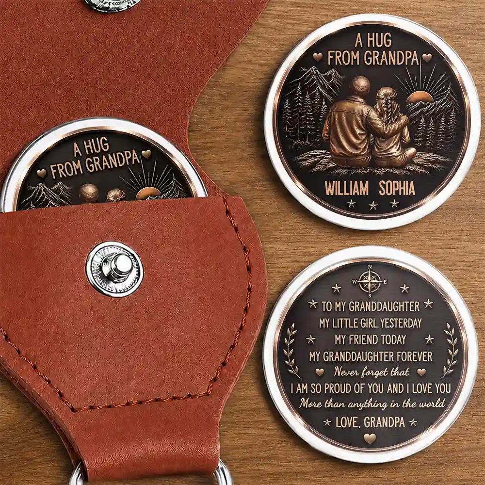 Grandpa - Grandkids,Sentimental,Gift For Grandkids,Gift For Grandpa,Vector - Vintage Style A Hug From Grandpa - Personalized Leather Pocket Hug