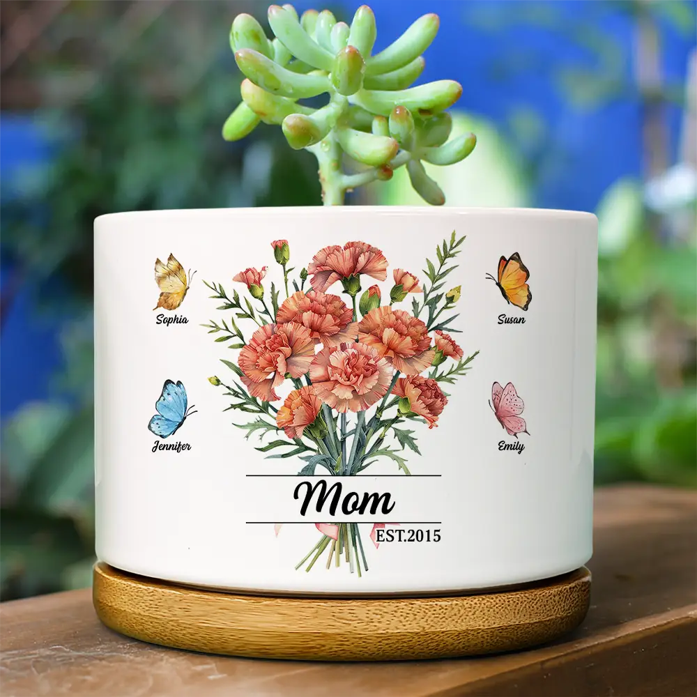 Watercolor Birth Flower Bouquet Mom Grandma - Personalized Ceramic Plant Pot