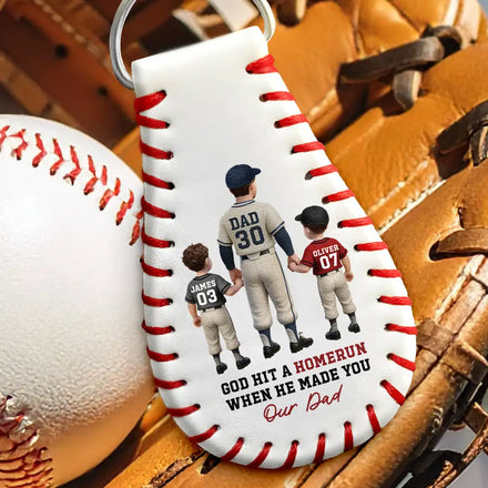 We Hit A Homerun Scoring You As Our Dad - Personalized Leather Baseball Keychain
