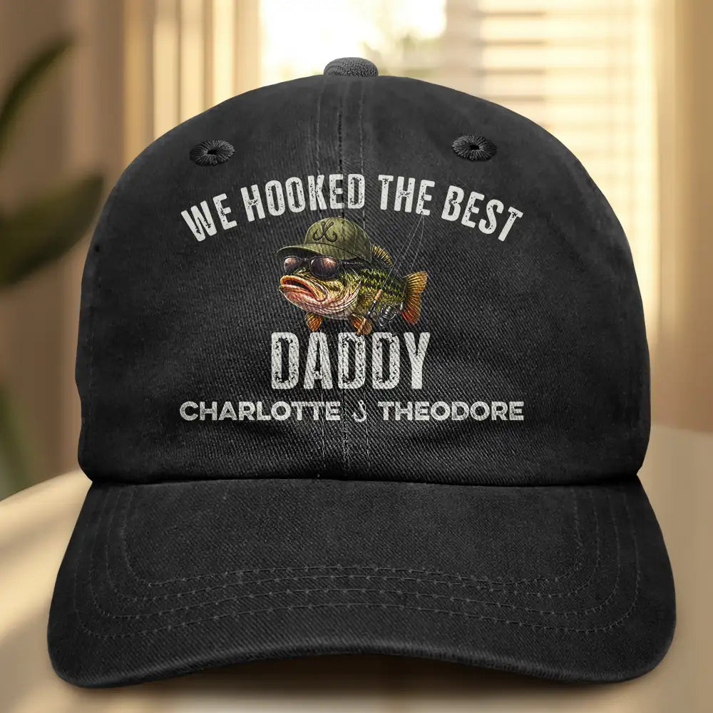 Gift For Husband,Gift For Men,Gift For Yourself,Gift For Grandpa,Gift For Father,Fishing,Icon,Humorous - We Hooked The Best Dad Grandpa - Personalized Vintage Washed Denim Cap
