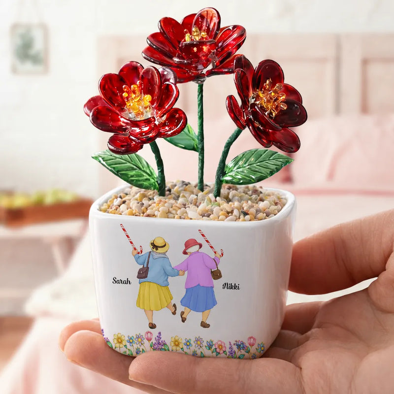 Gift For Bestie, Old Besties, Top Market, Humorous, Vector - We'll Be Friends Until We're Old And Senile - Personalized Glass Flower Plant Pot