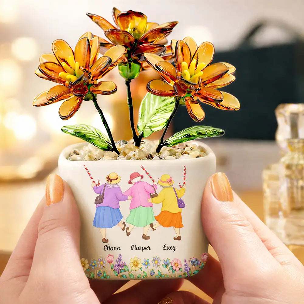 Gift For Bestie, Old Besties, Top Market, Humorous, Vector - We'll Be Friends Until We're Old And Senile - Personalized Glass Flower Plant Pot