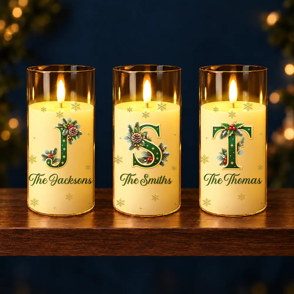 Christmas,Family,Icon,Sentimental - Christmas Home Decor Gift For Family - Personalized Monogram & Family Name Holly Botanical Initial LED Candle