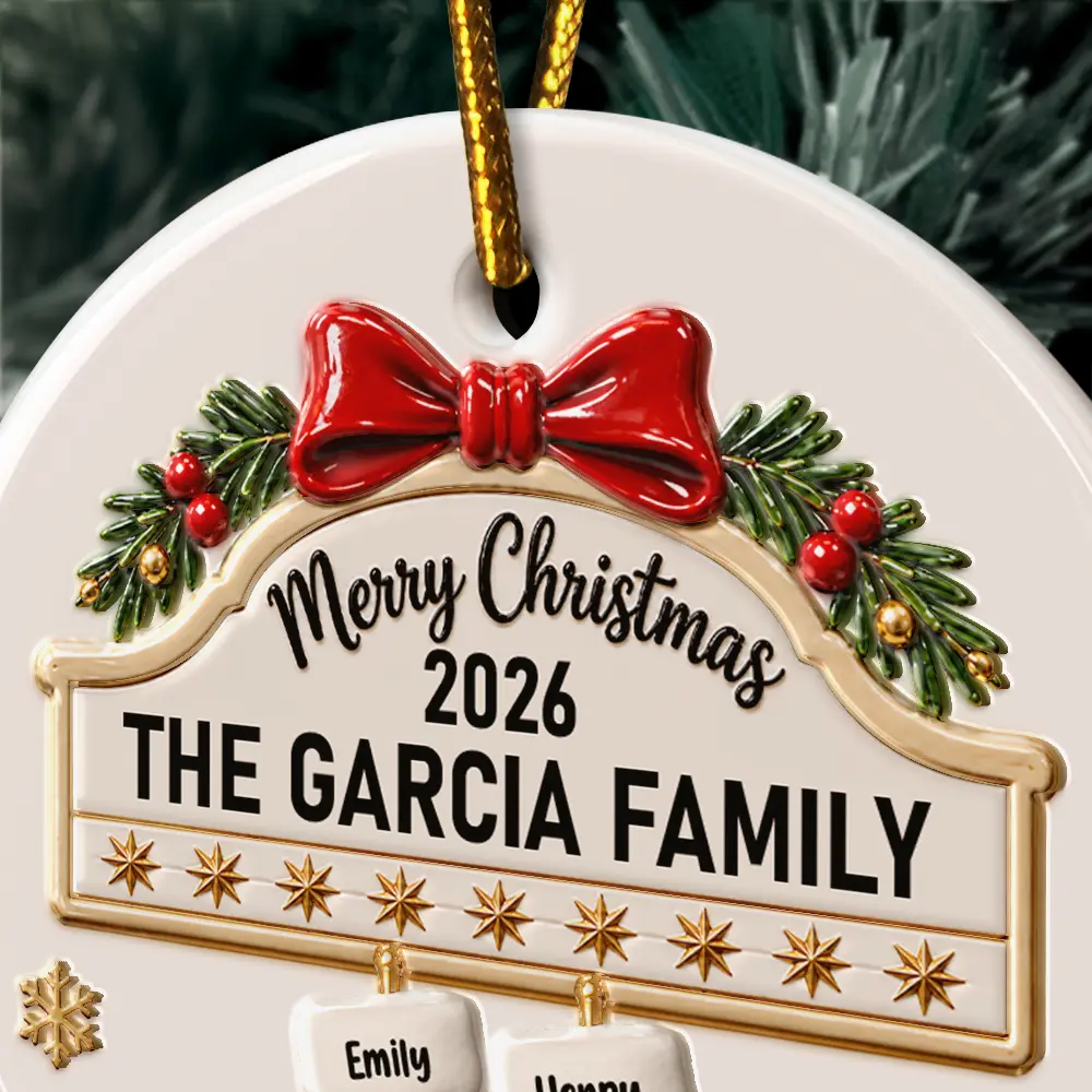 Christmas,Family,Happy,Icon - Christmas Gift For Family - Personalized Christmas Stocking 3D Embossed Circle Ceramic Ornament
