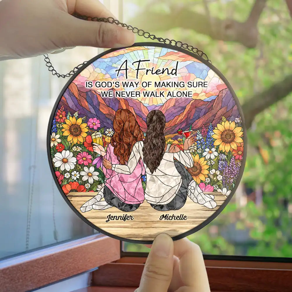 Afro Besties, Christmas, Gift For Bestie, Old Besties, Sentimental, Vector - Bestie Keepsake Just Because Gift - Personalized We Never Walk Alone Stained Glass Window Hanging Suncatcher