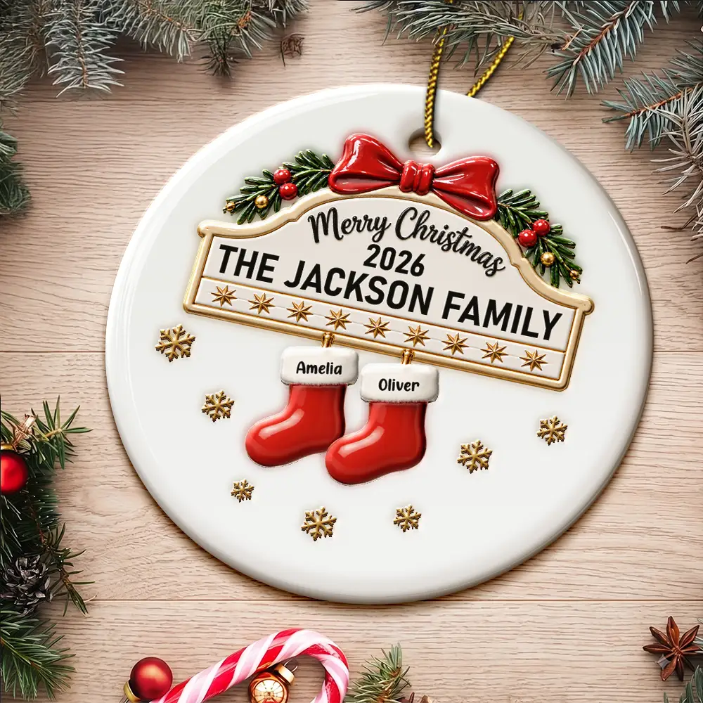 Christmas,Family,Happy,Icon - Christmas Gift For Family - Personalized Christmas Stocking 3D Embossed Circle Ceramic Ornament