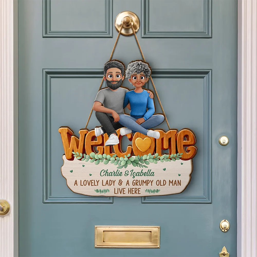 Gift For Couples, Old Couples, Funny, Gift For Husband, Gift For Wife - Welcome A Lovely Lady And A Grumpy Old Man Live Here 3D Effect - Personalized Custom Shaped Wood Sign