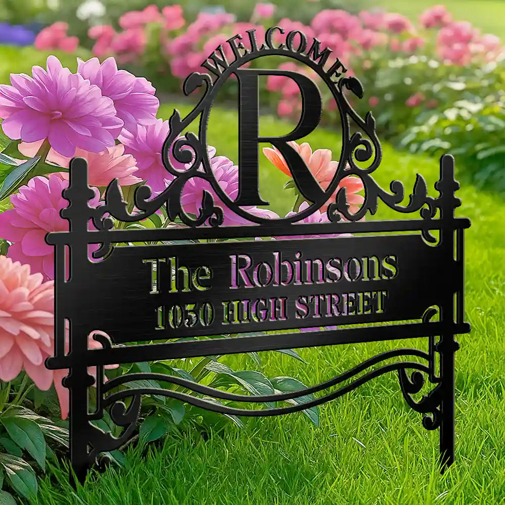 Family,Backyard - Welcome Family Name Monogram - Personalized Metal Garden Stake