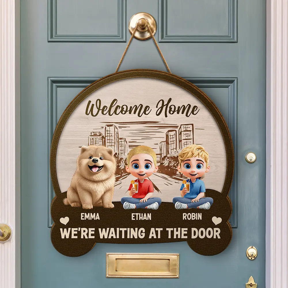 Family,Happy,Gift For Father,Gift For Mother - Welcome Home We're Waiting At The Door - Personalized Custom Shaped Wood Sign