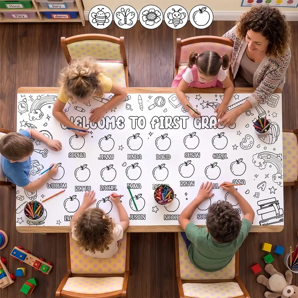 Teacher,Inspirational,Back To School,Icon,Custom Text - Welcome To First Grade Kindergarten - Personalized Coloring Tablecloth