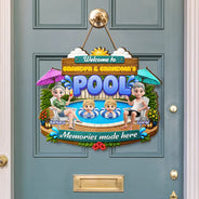 Poolside, Outdoor Decor, Summer, Grandparents, Top Market, Playful, Vector - Welcome To Grandma Grandpa Pool Summer - Personalized Custom Shaped Wood Sign