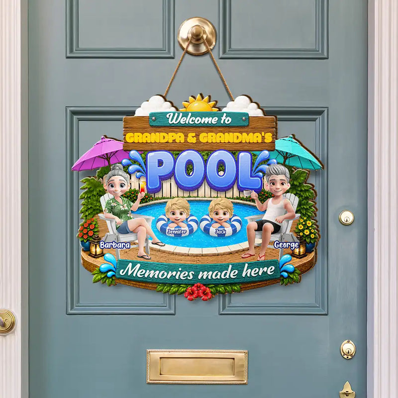 Poolside, Outdoor Decor, Summer, Grandparents, Top Market, Playful, Vector - Welcome To Grandma Grandpa Pool Summer - Personalized Custom Shaped Wood Sign