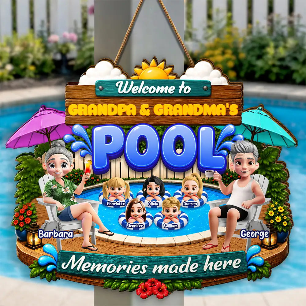 Poolside, Outdoor Decor, Summer, Grandparents, Top Market, Playful, Vector - Welcome To Grandma Grandpa Pool Summer - Personalized Custom Shaped Wood Sign