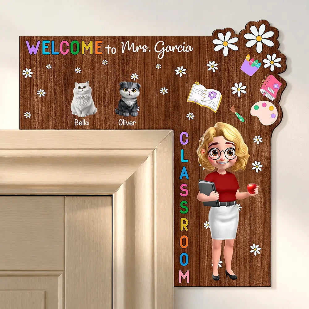 Welcome To My Class Cat Dog Mom Teacher - Personalized Door Corner Wood Sign