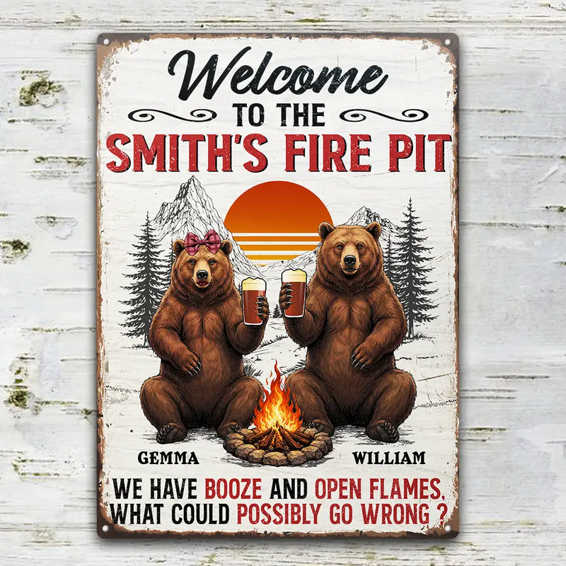 Old Couples,Gift For Husband,Gift For Wife,Gift For Boyfriend,Gift For Girlfriend,Camping,Campsite,Happy - Welcome To Our Fire Pit - Personalized Classic Metal Signs
