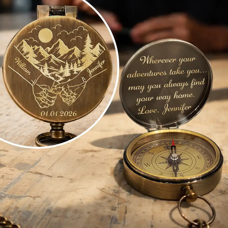 Gift For Couples,Gift For Husband,Gift For Boyfriend,Gift For Wife,Gift For Girlfriend,Love - Wherever Your Adventures Take You - Personalized Engraved Brass Compass
