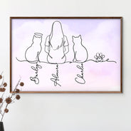 Cat Lovers, Cat Mom, Cat Dad, Pet Lovers, Pet Mom, Pet Dad, Happy - Woman Man Sitting With Cats Line Art - Personalized Poster