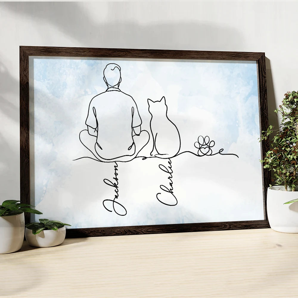 Cat Lovers, Cat Mom, Cat Dad, Pet Lovers, Pet Mom, Pet Dad, Happy - Woman Man Sitting With Cats Line Art - Personalized Poster