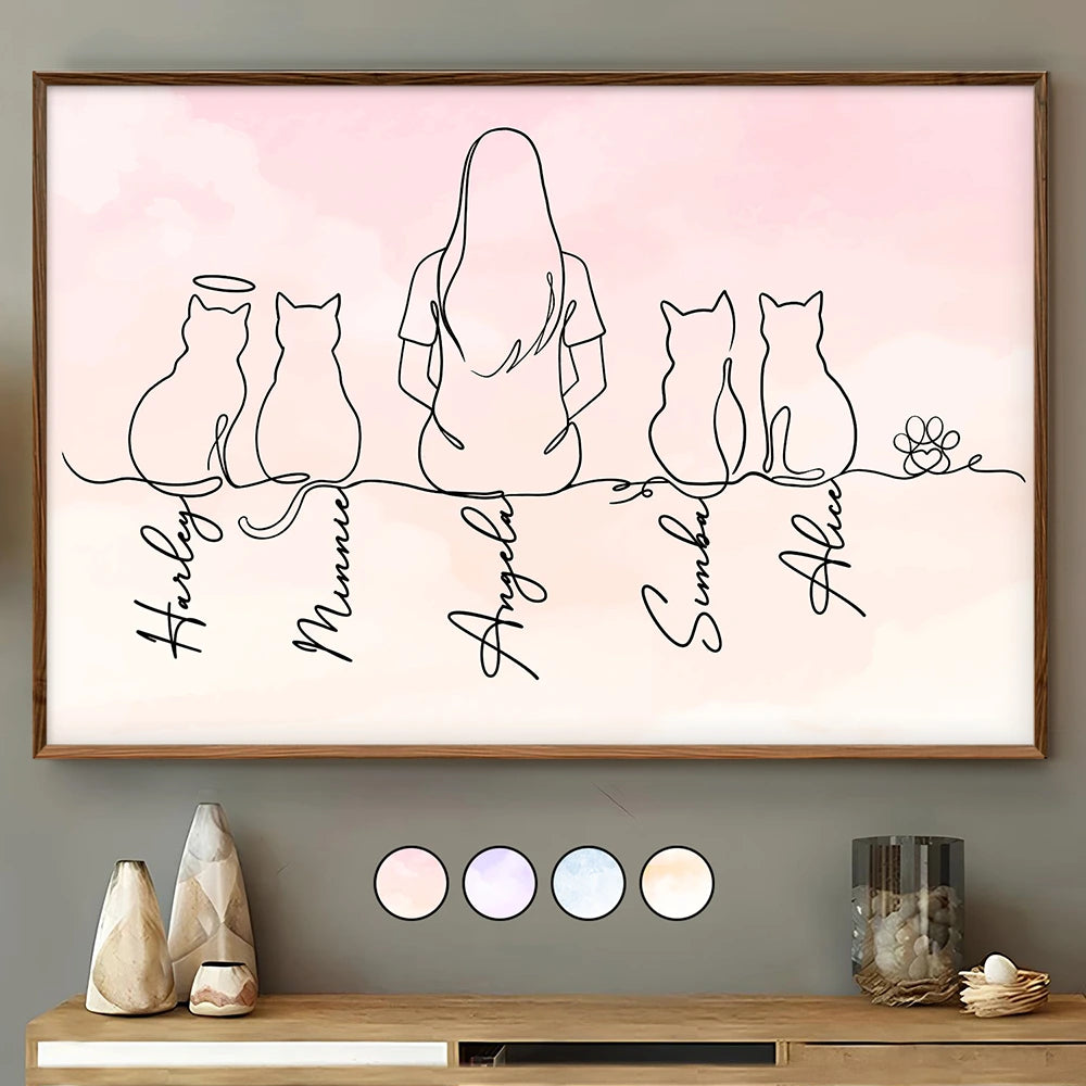 Cat Lovers, Cat Mom, Cat Dad, Pet Lovers, Pet Mom, Pet Dad, Happy - Woman Man Sitting With Cats Line Art - Personalized Poster