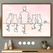 Cat Lovers, Cat Mom, Cat Dad, Pet Lovers, Pet Mom, Pet Dad, Happy - Woman Man Sitting With Cats Line Art - Personalized Poster